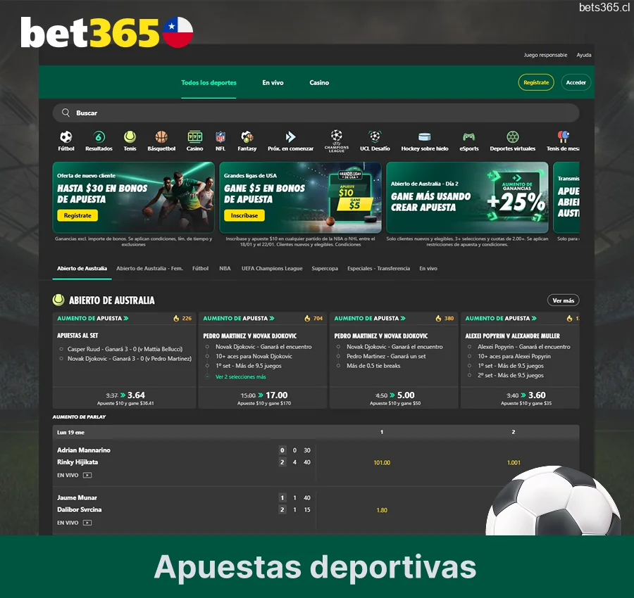 Apuestas deportivas de Bet365 para Chile